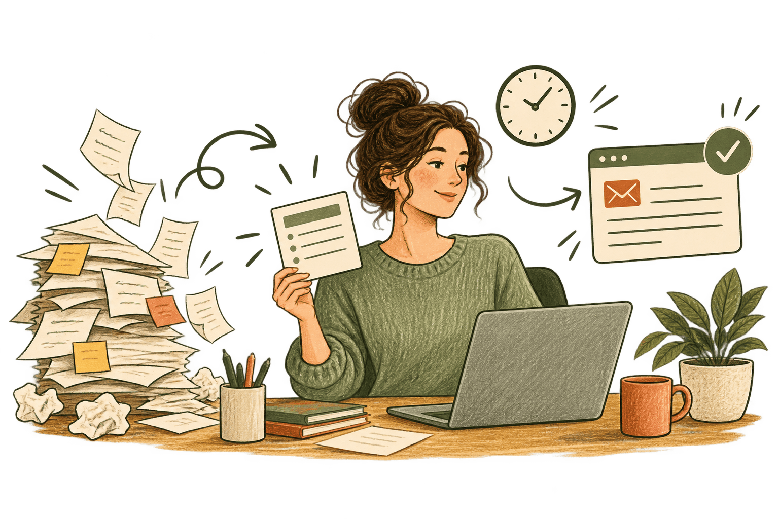 Hand-drawn woman organizing her work with prompts