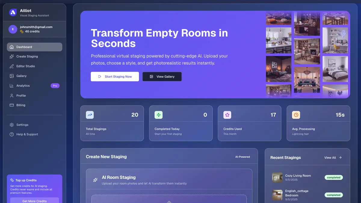 Ailliot AI virtual staging dashboard interface