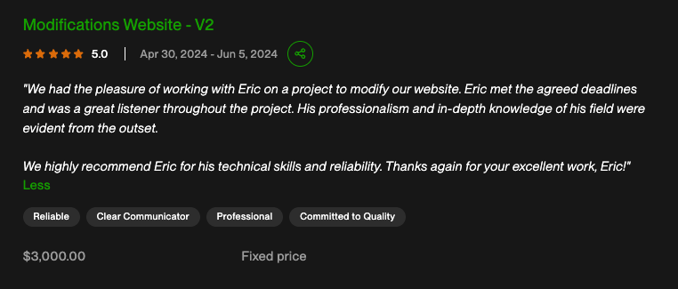 5-star Upwork review for website modifications project