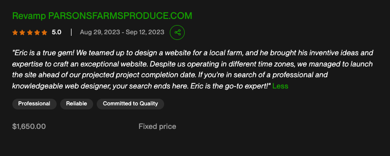 5-star Upwork review for Parsons Farms Produce website revamp